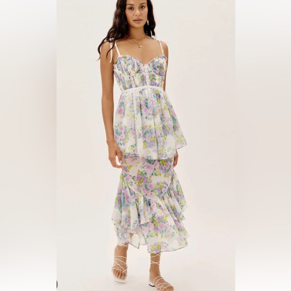 For Love And Lemons Meadow Maxi Strapless Floral Ruffle Dress - Picture 2 of 10